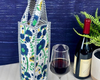 Quilted Hand Block-Printed Cotton Wine Bag: USA Designed, Artisan Crafted, Reusable