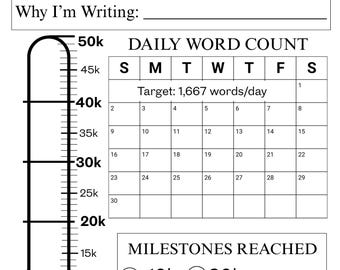 Minimalist NaNoWriMo Word Count Tracker | 50K Novel Writing Printable | Writing Planner for Writers & Authors | Black + White PDF Download