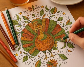 Paket med målarbilder för Thanksgiving | 5 utskrivbara höstmandalas och -scener | Målarbilder för vuxna, stresslindring, direktnedladdning