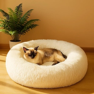 Cat Bed Fluffy Cat Bed Donut Cat Bed Calming Cat Bed Plush Cat Furniture Soft Pet Bed Washable Cat Cushion Round Cat Bed For Indoor Cats