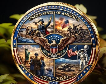 May include: A gold-colored commemorative coin with a detailed design featuring historical scenes and the text "UNITED STATES OF AMERICA" and "1776-2026". The coin has a blue border with stars and a central eagle emblem.