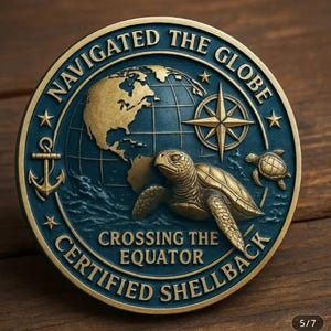 Peut inclure: Un médaillon rond de couleur bronze avec un fond bleu et des accents dorés. Les textes "NAVIGATED THE GLOBE" et "CERTIFIED SHELLBACK" encerclent un globe, une boussole, une ancre et des tortues de mer. Le texte "CROSSING THE EQUATOR" est également présent.