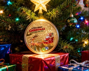 May include: A round gold-colored commemorative coin featuring an embossed design of Santa Claus in a sleigh pulled by a reindeer. The text reads A Very Merry CHRISTMAS and Happy New Year. The coin is displayed against a decorated Christmas tree.