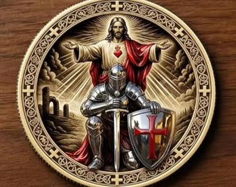 May include: A detailed coin featuring Jesus Christ with outstretched arms above a knight in shining armor. The knight holds a sword and shield with a red cross. The coin has a decorative border with cross symbols.