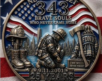 9/11 – Nie vergessen. 343 tapfere Seelen, die nie zurückkehrten. 11. September 2001, 25 Jahre. Für immer in unseren Herzen. Sammlermünze, Bronze.