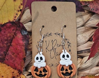 Ghost on Pumpkin: Earrings, Dangles, Polymer clay, Halloween, Ghost, Pumpkin