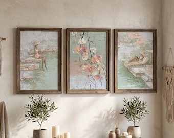 Sage Green Wall Art | Botanical Floral Set | Textured Cottagecore Farmhouse | Gallery Boho Bedroom | DA00202