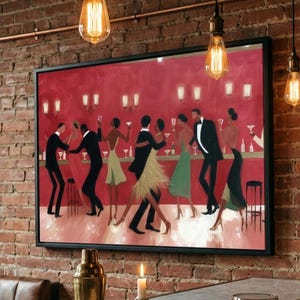 May include: A framed art print showing a bar scene with people dancing. The artwork features figures in formal attire, set against a red background. The bar setting includes a counter, stools, and decorative lighting.