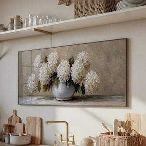 Panoramische muurkunst | Witte hortensiaprint | Extra groot boerderijdecor | DA00169