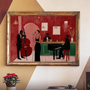 Framed horizontal African American art print showing a soulful jazz band performance in a moody red room