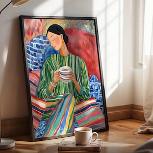 Arte mural colorido / Mujer con café / Decoración de cocina maximalista / Rutina matutina acogedora / Descarga digital / DA00068