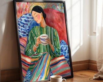 Colorful Wall Art Woman With Coffee Art, Maximalist Boho Print | DA00068