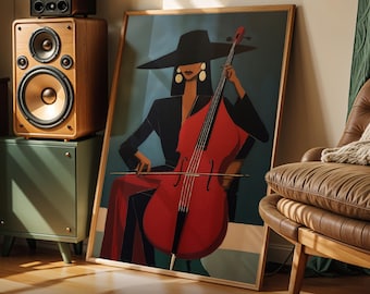 Art Deco Woman With Cello Print | Eclectic Music Room Art (Digital Download) | DA00113