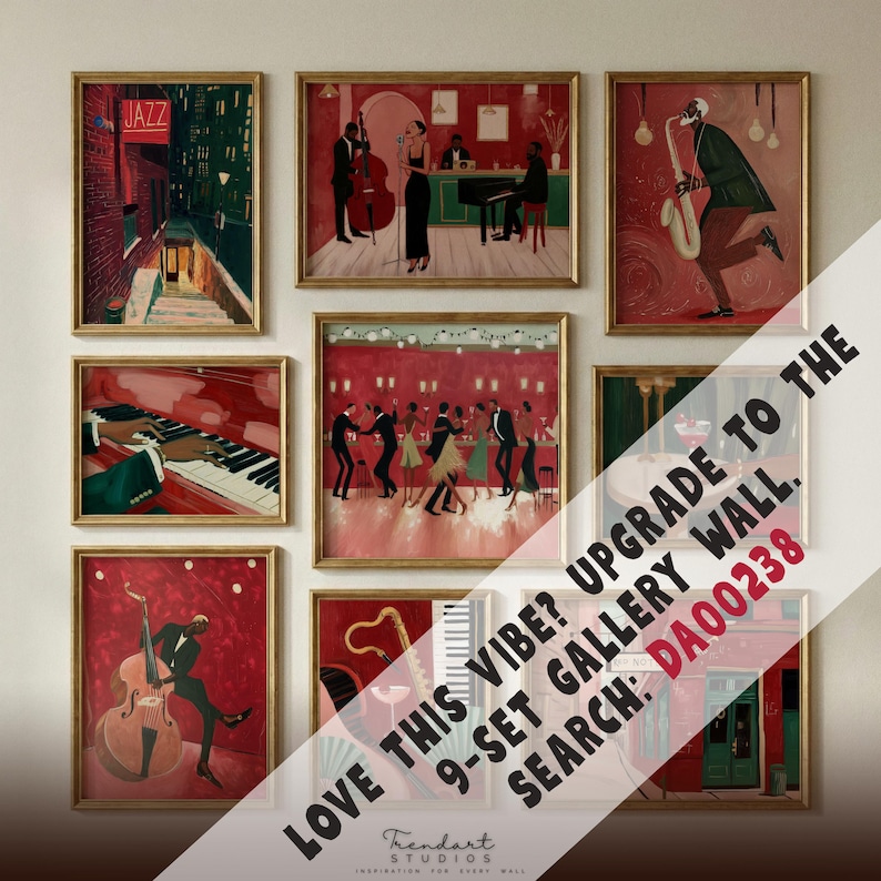 A 9-piece gallery wall grid on a beige wall showcasing the full Jazz Collection with a promotional overlay for the complete set, perfect for eclectic and soulful home decor.