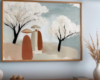 May include: Abstract landscape art print in a wooden frame. The artwork features white trees, figures, and a muted color palette of brown, beige, and blue. The print is labeled "Tendart Studios".
