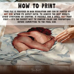 A person's hands placing a printed version of the beige and terracotta wall art on a wooden surface. The How to Print guide explains that the file can be printed at any size while maintaining its professional 300 DPI high resolution quality and detail.