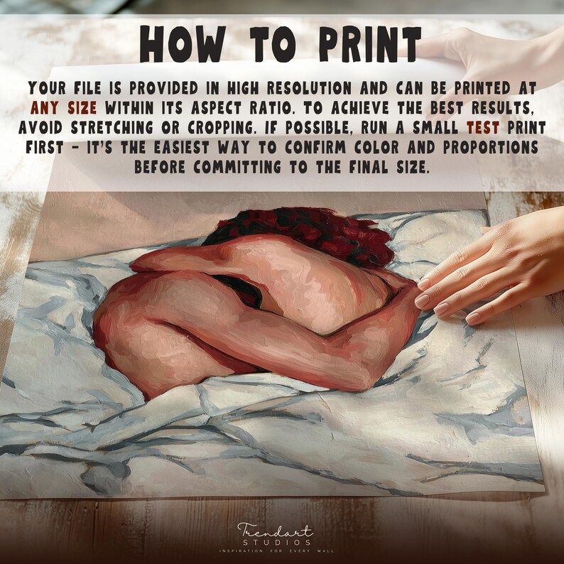 A person's hands placing a printed version of the beige and terracotta wall art on a wooden surface. The How to Print guide explains that the file can be printed at any size while maintaining its professional 300 DPI high resolution quality and detail.