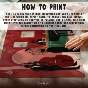 Infographic explaining how to print large digital files with tips on test prints and avoiding stretching or cropping