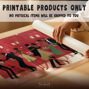 Close-up view of a large printable art poster being unrolling on a wooden table, emphasizing that no physical item will be shipped for this digital download speakeasy art.