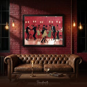 May include: A framed artwork showing a jazz club scene with people dancing and drinking. The painting hangs above a brown leather sofa, with a candle, a glass of wine, and a book on a wooden coffee table. The wall is red brick.