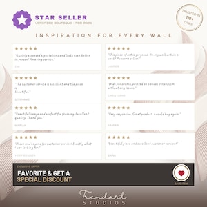 Trendart Studios Star Seller badge verification showing high customer trust and service quality. Features multiple 5-star reviews praising the beautiful Scotland gallery wall set digital prints and excellent support. Includes a special offer call to action to favorite the item for a discount. Trusted boutique in over 110 cities worldwide.