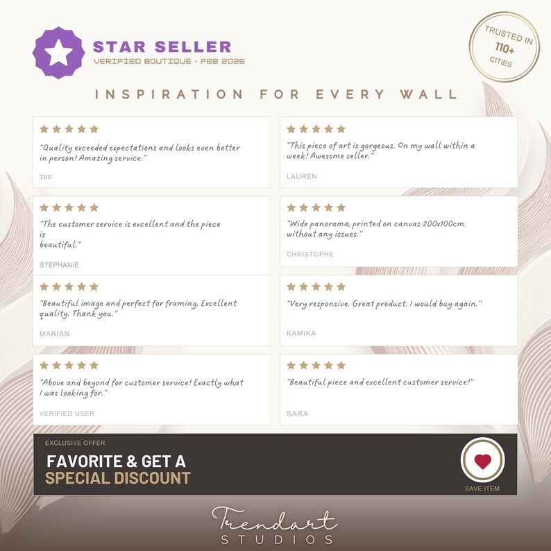 Trendart Studios Star Seller badge verification showing high customer trust and service quality. Features multiple 5-star reviews praising the beautiful Scotland gallery wall set digital prints and excellent support. Includes a special offer call to action to favorite the item for a discount. Trusted boutique in over 110 cities worldwide.