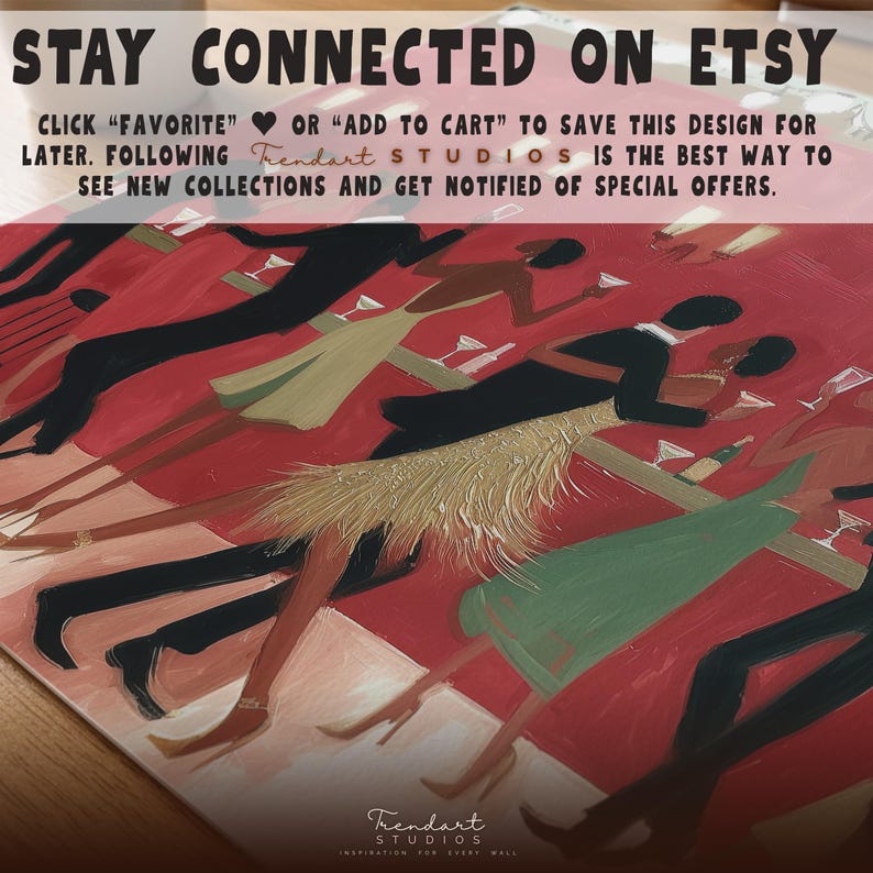 Moody red wall art print with a "Stay Connected" overlay, encouraging Etsy buyers to favorite the shop and follow Trendart Studios for more African American art collections.