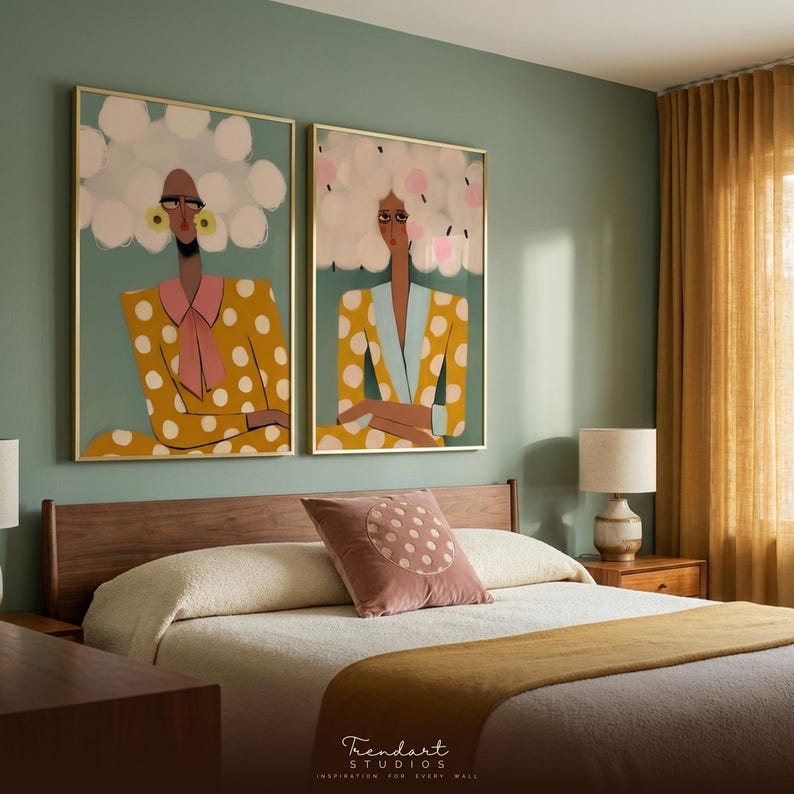 Colorful wall art diptych — two bold women with judgmental expressions in vibrant mustard and teal, framed prints in contemporary home interior