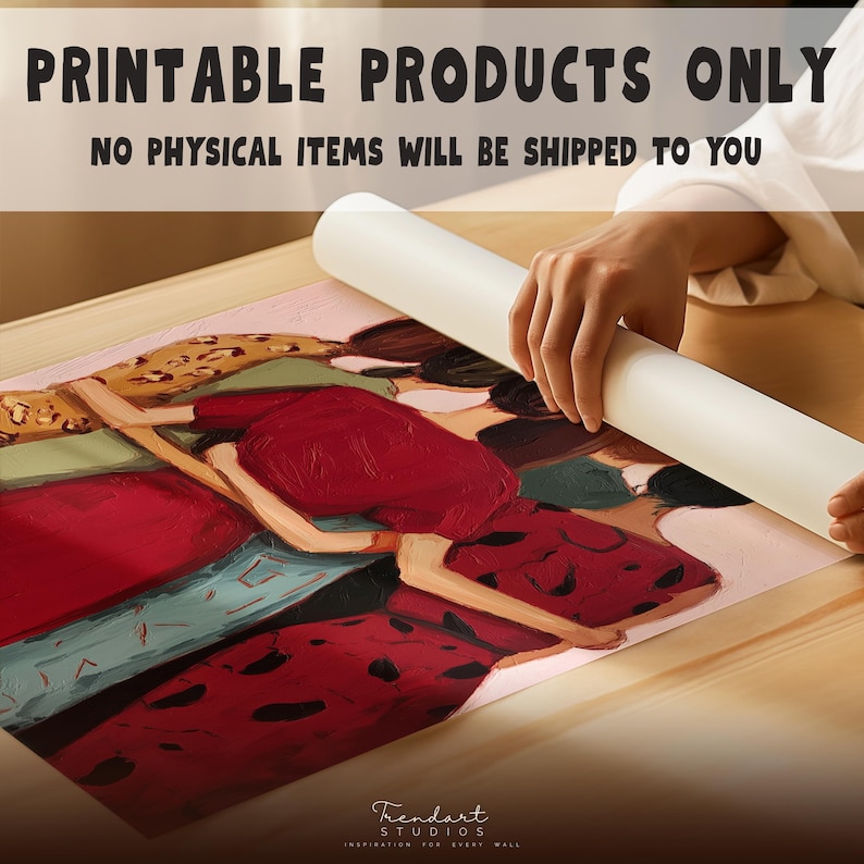 Hands rolling a printed canvas on a table with text stating printable products only no physical items shipped