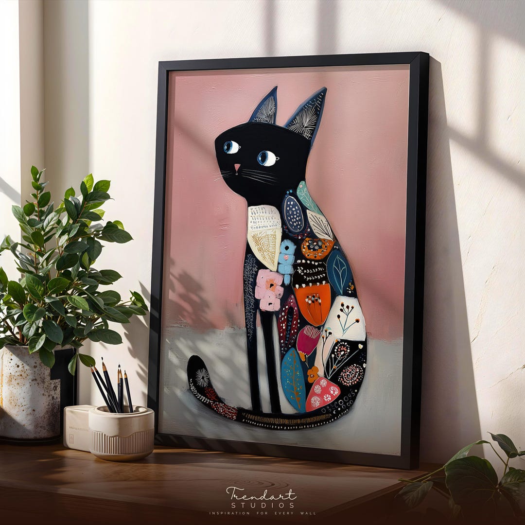 Eclectic Cat Art | Funky Wall Art | Pink Cat Lover Gift | DA00123 - Etsy