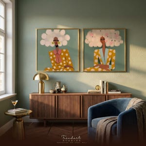 Eclectic home decor wall art — two expressive women diptych prints in styled boho interior, mustard teal colorful palette, gallery wall set with ornate frames
