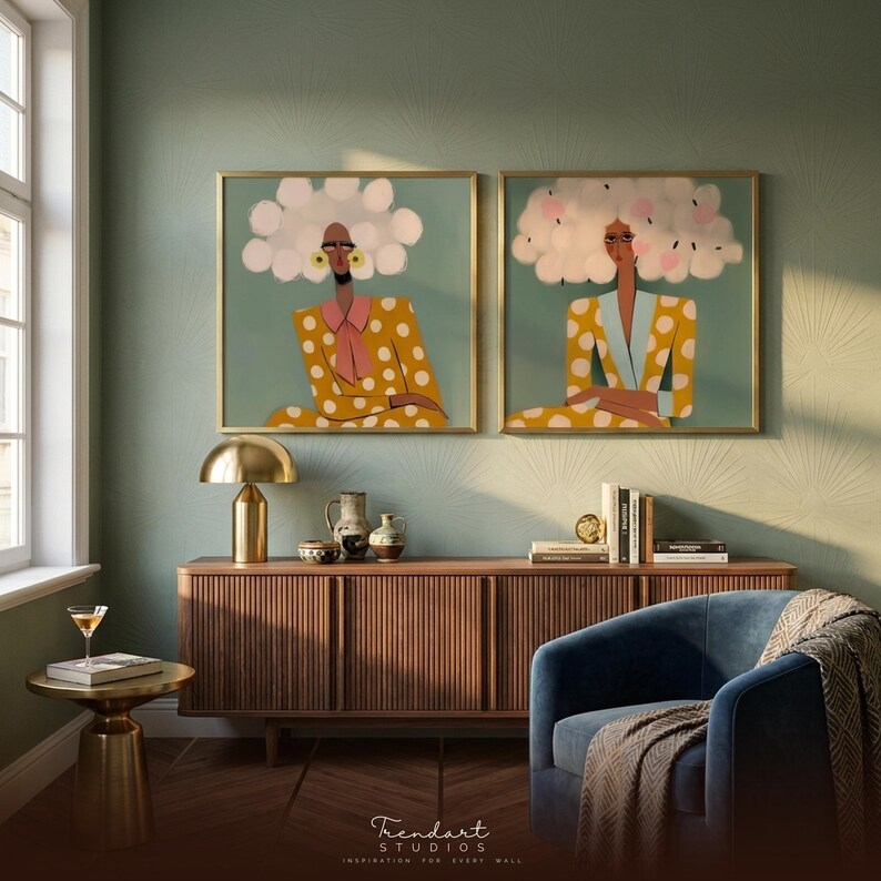 Eclectic home decor wall art — two expressive women diptych prints in styled boho interior, mustard teal colorful palette, gallery wall set with ornate frames