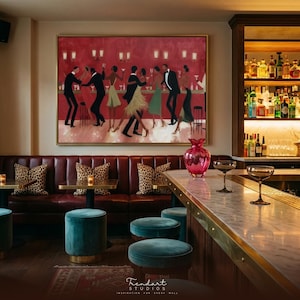 May include: A bar interior featuring a painting of dancers on a red wall. The bar has a marble counter, teal velvet stools, and a red leather booth with leopard print cushions. A pink vase and two cocktail glasses are on the counter.