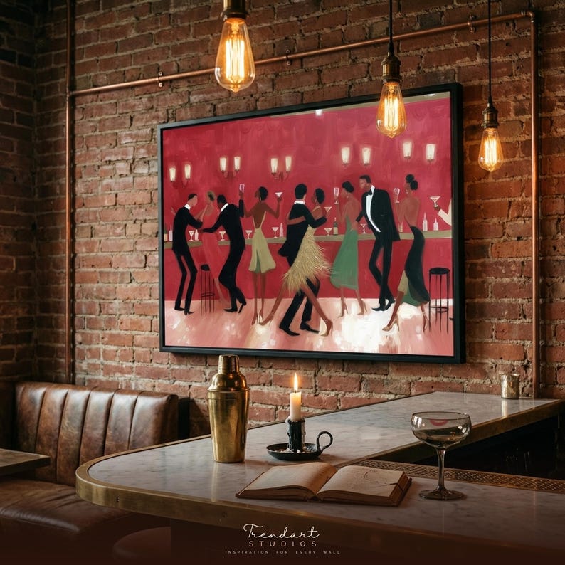 May include: A framed art print showing a bar scene with people dancing. The artwork features figures in formal attire, set against a red background. The bar setting includes a counter, stools, and decorative lighting.