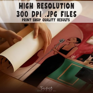 Hands unrolling a large horizontal art print of a female jazz singer and band on a wooden desk