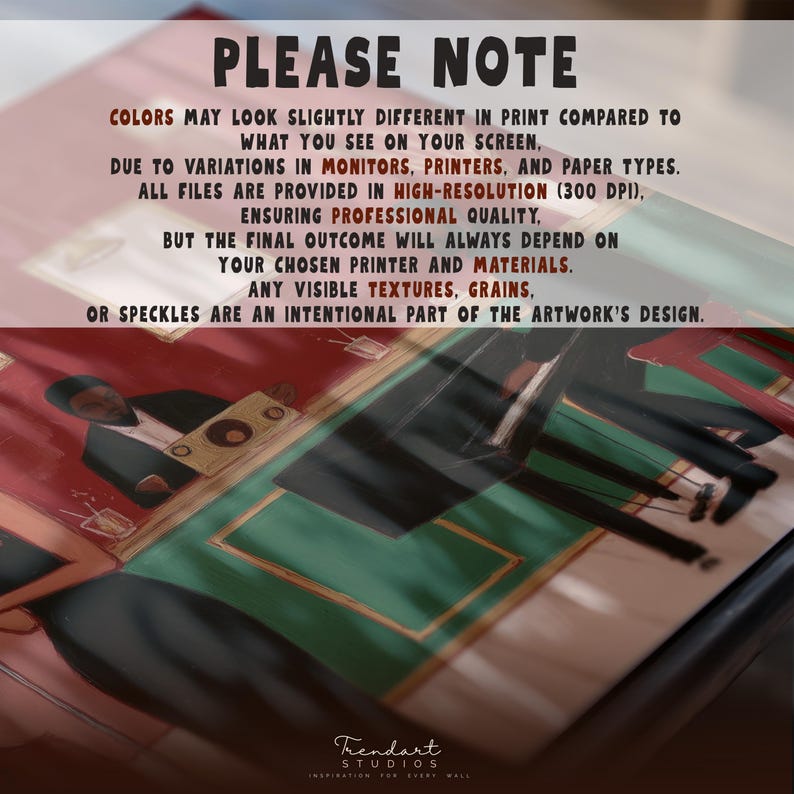 Angled close up view of music wall art with disclaimer text about color variations and digital texture
