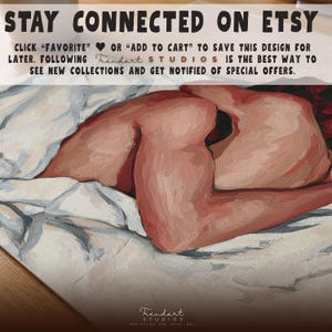 A very close-up detail of the painterly texture on the digital print. Text encourages shoppers to stay connected on Etsy by favoriting the design or following Trendart Studios for new collections of aesthetic wall art and special offers for customers.