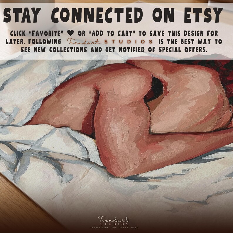 A very close-up detail of the painterly texture on the digital print. Text encourages shoppers to stay connected on Etsy by favoriting the design or following Trendart Studios for new collections of aesthetic wall art and special offers for customers.