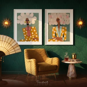 Funny wall art prints — bold expressive women illustration in mustard suits with teal sage backdrop, diptych framed side by side in colorful eclectic home