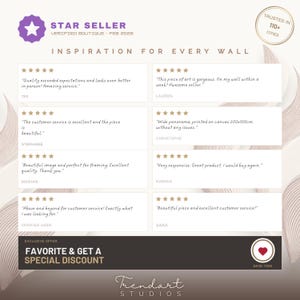 Trendart Studios Star Seller badge verification showing high customer trust and service quality. Features multiple 5-star reviews praising the beautiful Scotland gallery wall set digital prints and excellent support. Includes a special offer call to action to favorite the item for a discount. Trusted boutique in over 110 cities worldwide.