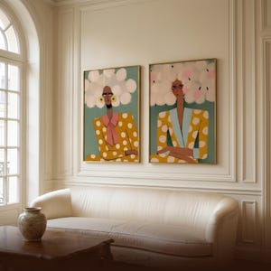 Gallery wall set ideas — funny diptych two expressive women in eclectic styled interior, teal and mustard colorful portrait pair, boho home decor