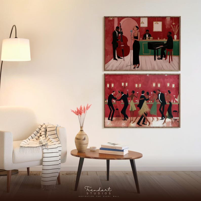 Two-piece gallery wall styling in a bright interior featuring a jazz singer and the bar dance scene, illustrating how to combine matching prints from the Trendart Studios collection.