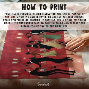 A person's hands holding a printed version of the jazz dance art, with text explaining how to print at any size without stretching or cropping for best home decor results.
