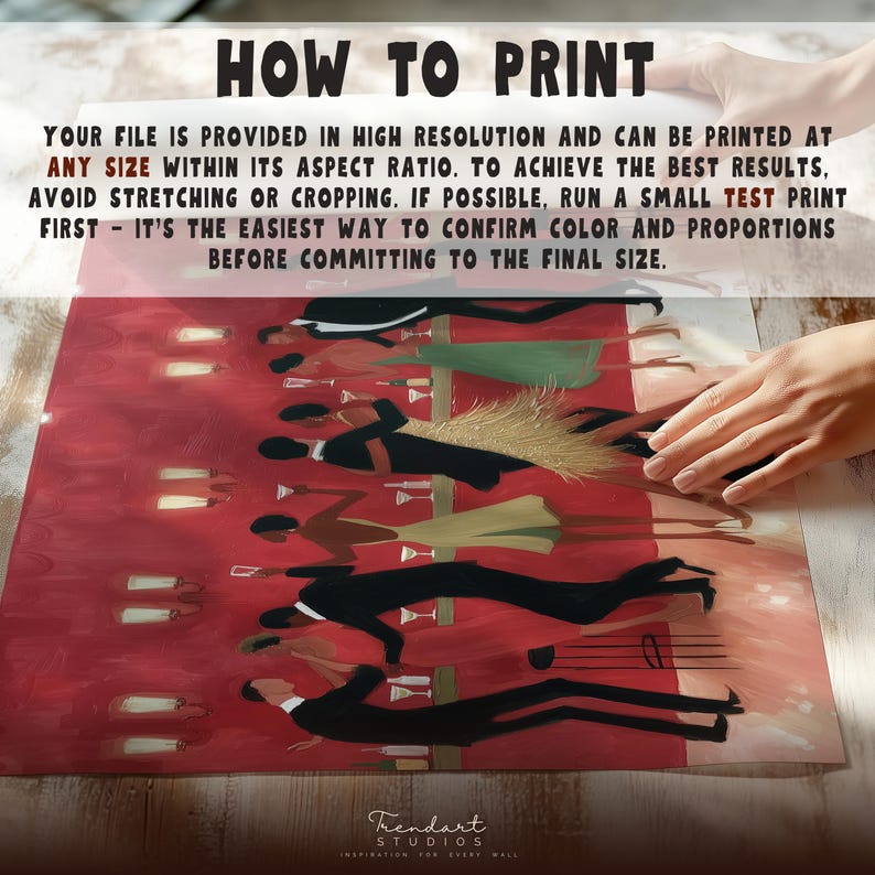 A person's hands holding a printed version of the jazz dance art, with text explaining how to print at any size without stretching or cropping for best home decor results.