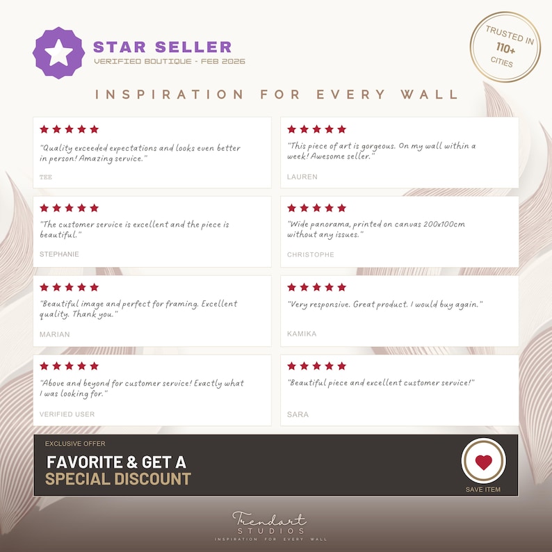 Loyalty page infographic from Trendart Studios featuring 5-star customer reviews and a "Favorite to get a special discount" call to action, building trust for Etsy shoppers.