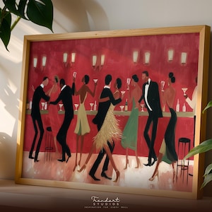 African American art print featuring an elegant jazz dance scene with couples in a vintage speakeasy bar, rich red tones, and impasto oil painting texture for bar cart decor.