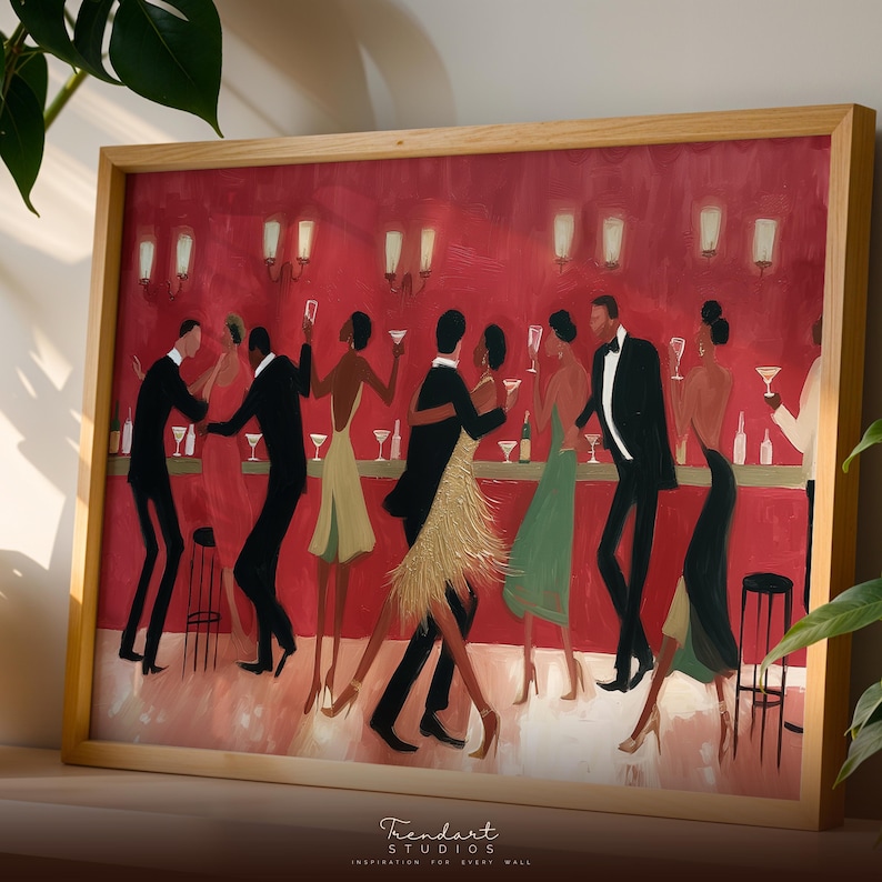 African American art print featuring an elegant jazz dance scene with couples in a vintage speakeasy bar, rich red tones, and impasto oil painting texture for bar cart decor.