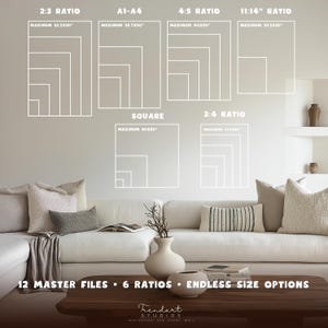 Printable wall art size guide — 6 aspect ratios, 12 master files, max print up to 50 inches, 300 DPI JPG includes square 2:3 A1-A4 4:5 and 3:4 ratios