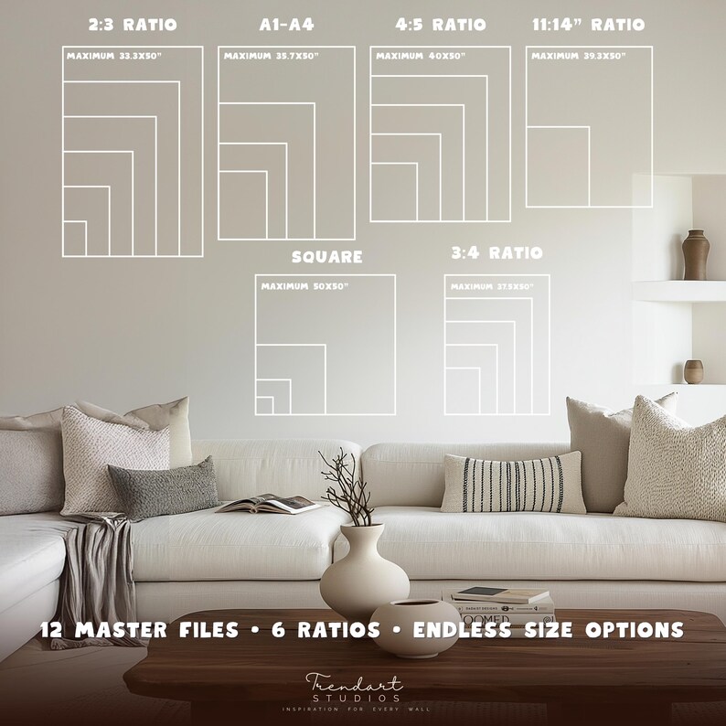 Printable wall art size guide — 6 aspect ratios, 12 master files, max print up to 50 inches, 300 DPI JPG includes square 2:3 A1-A4 4:5 and 3:4 ratios