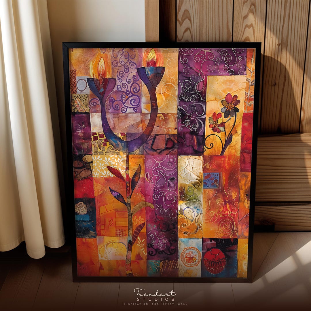 Jewish Wall Art, Shabbat Candles Art Print, Modern Judaica Colorful ...